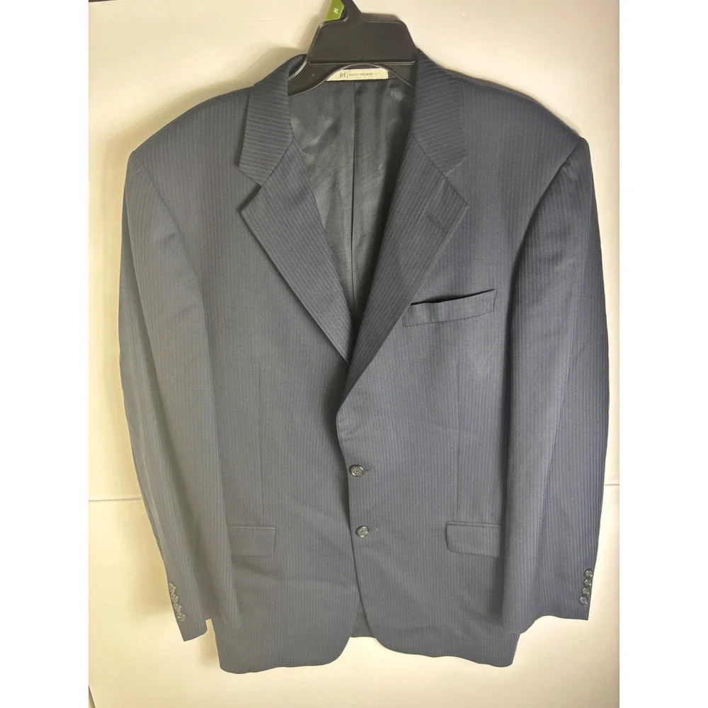 Hickey Freeman Mens 42L Navy Blue Pinstripe 100% Wool 2-Button Blazer Sport Coat